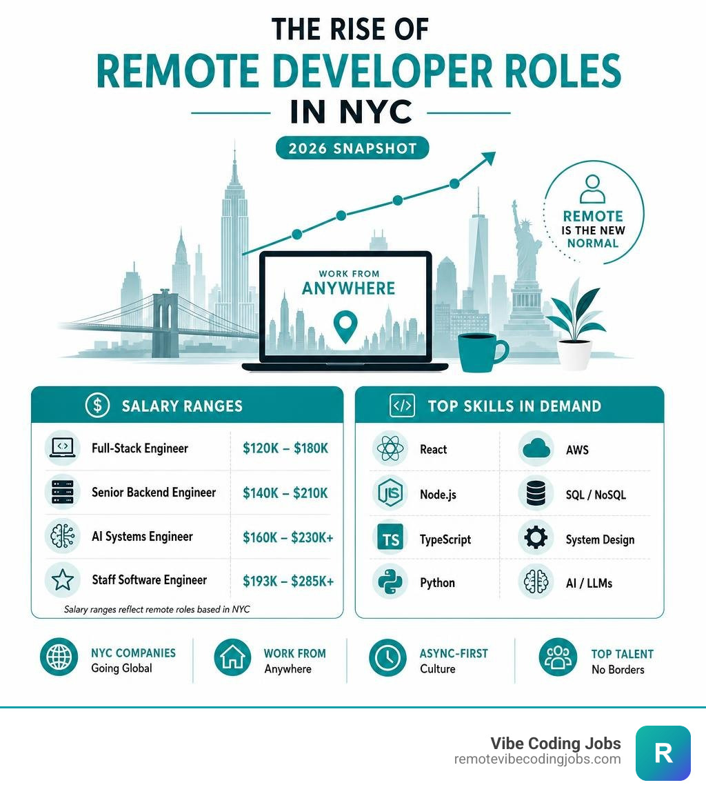 Infographic showing rise of remote developer roles in NYC with salary ranges and top skills in demand infographic