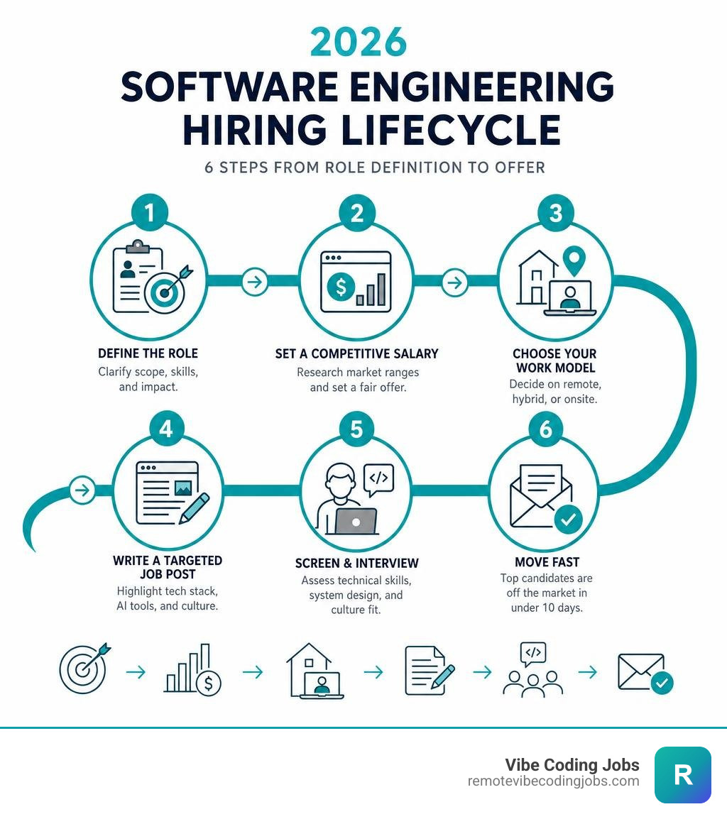 2026 software engineering hiring lifecycle infographic showing 6 steps from role definition to offer infographic