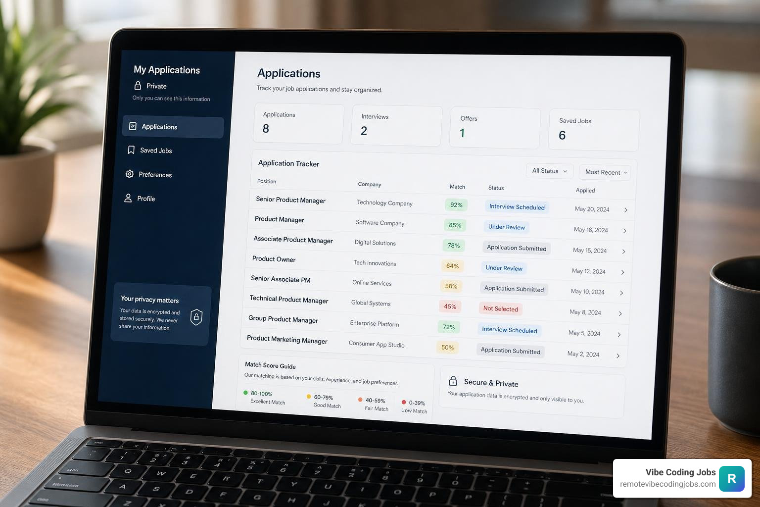 Secure user dashboard showing private job application tracking and match scores