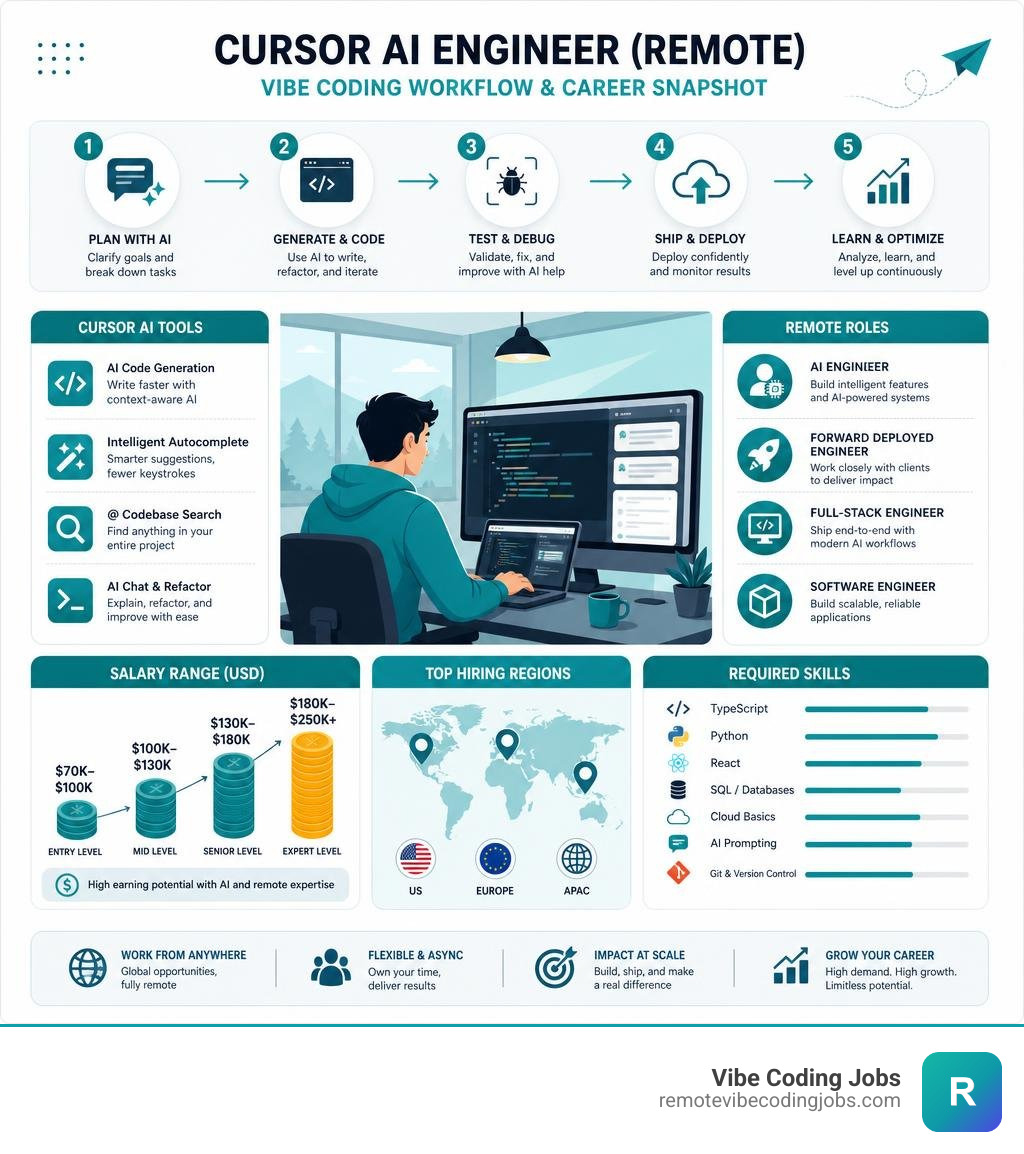 Vibe coding workflow infographic: Cursor AI tools, remote roles, salary ranges, and required skills infographic