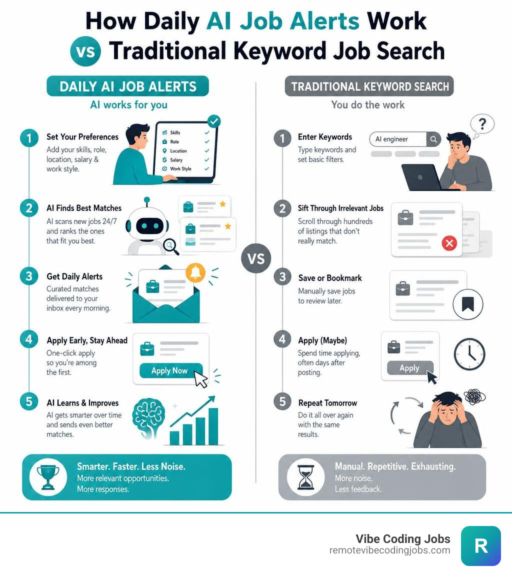 How daily AI job alerts work vs traditional keyword job search process infographic