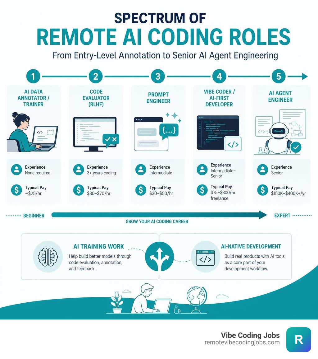 Spectrum of remote AI coding roles from entry-level annotation to senior AI agent engineering infographic
