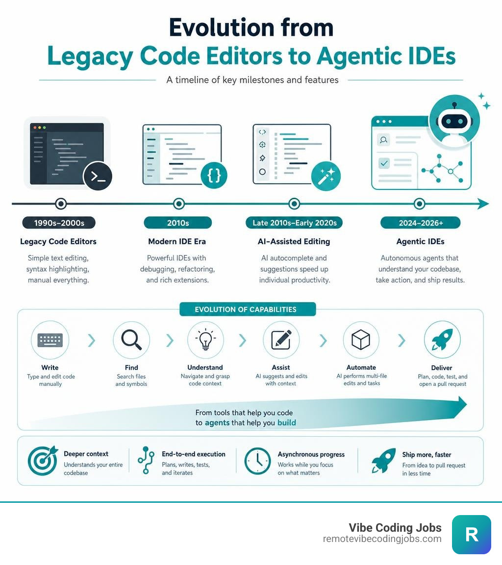 Evolution from legacy code editors to agentic IDEs like Cursor: timeline of key milestones and features infographic