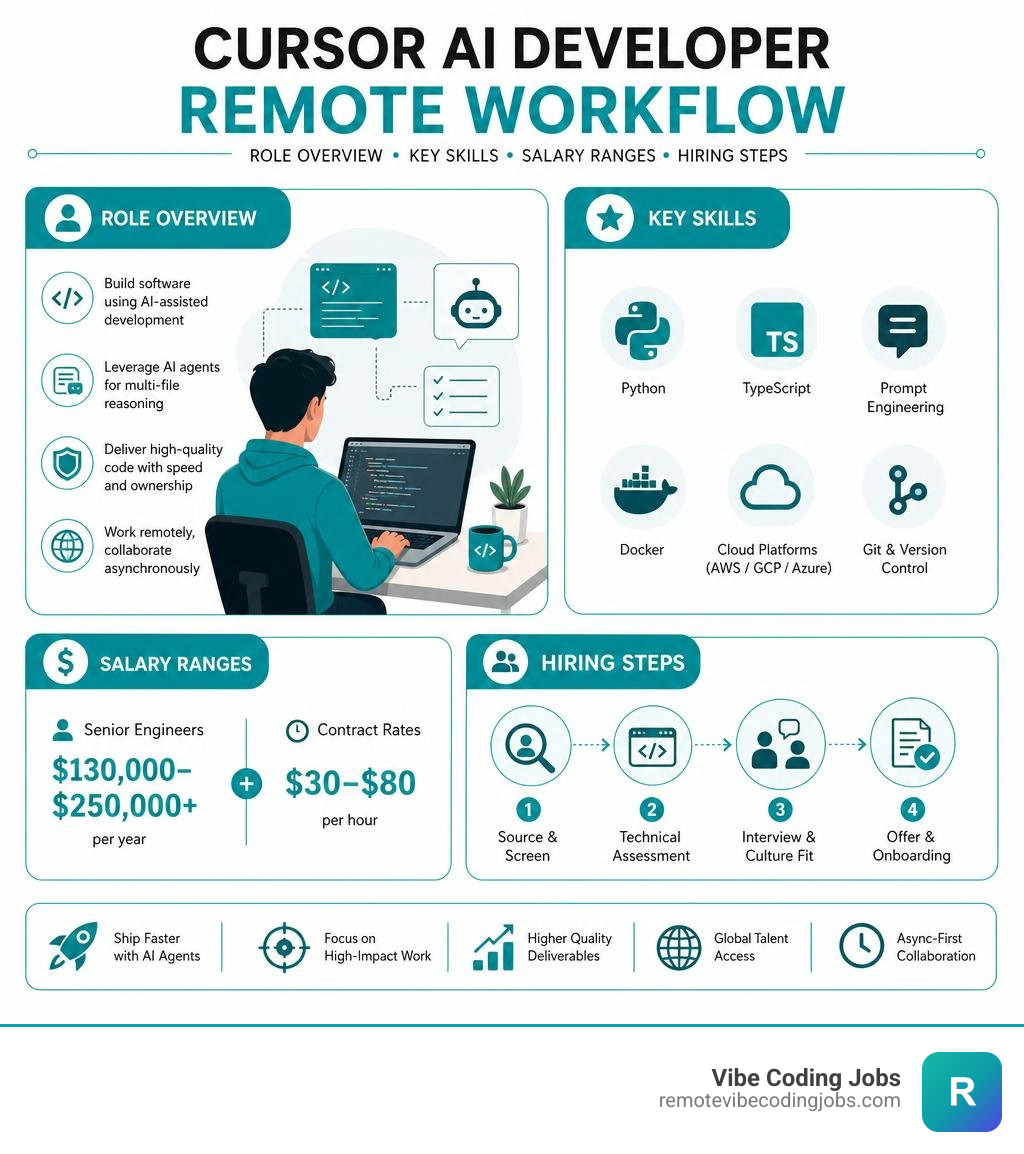 Cursor AI developer remote workflow infographic: role overview, key skills, salary ranges, and hiring steps infographic