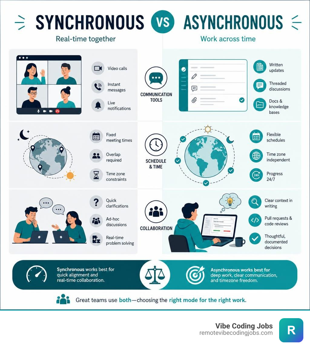 Synchronous vs asynchronous developer workflow comparison infographic showing key differences in communication tools