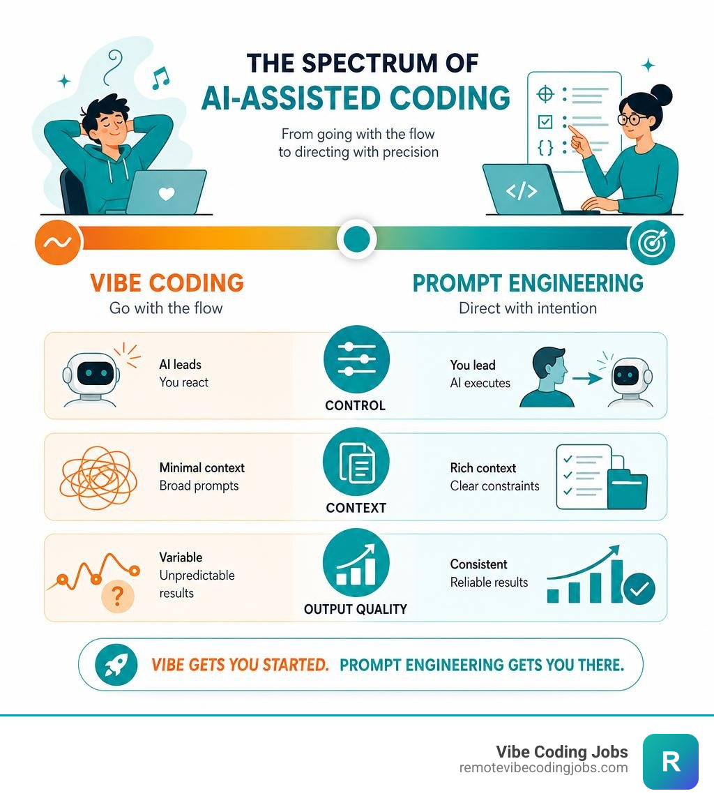 Infographic showing spectrum from vibe coding to prompt engineering with key differences in control, context, and output
