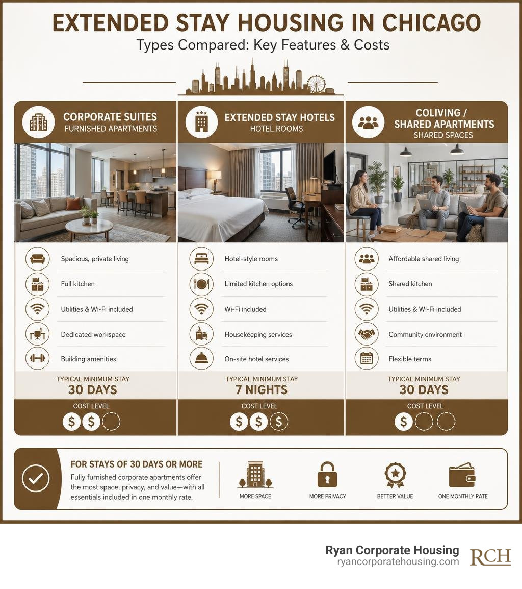 Extended stay housing Chicago types compared: corporate suites vs hotels vs coliving, key features and costs infographic Extended stay housing Chicago types compared: corporate suites vs hotels vs coliving, key features and costs infographic
