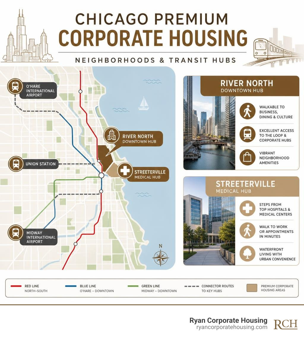 Chicago premium corporate housing neighborhoods and transit hubs infographic Chicago premium corporate housing neighborhoods and transit hubs infographic