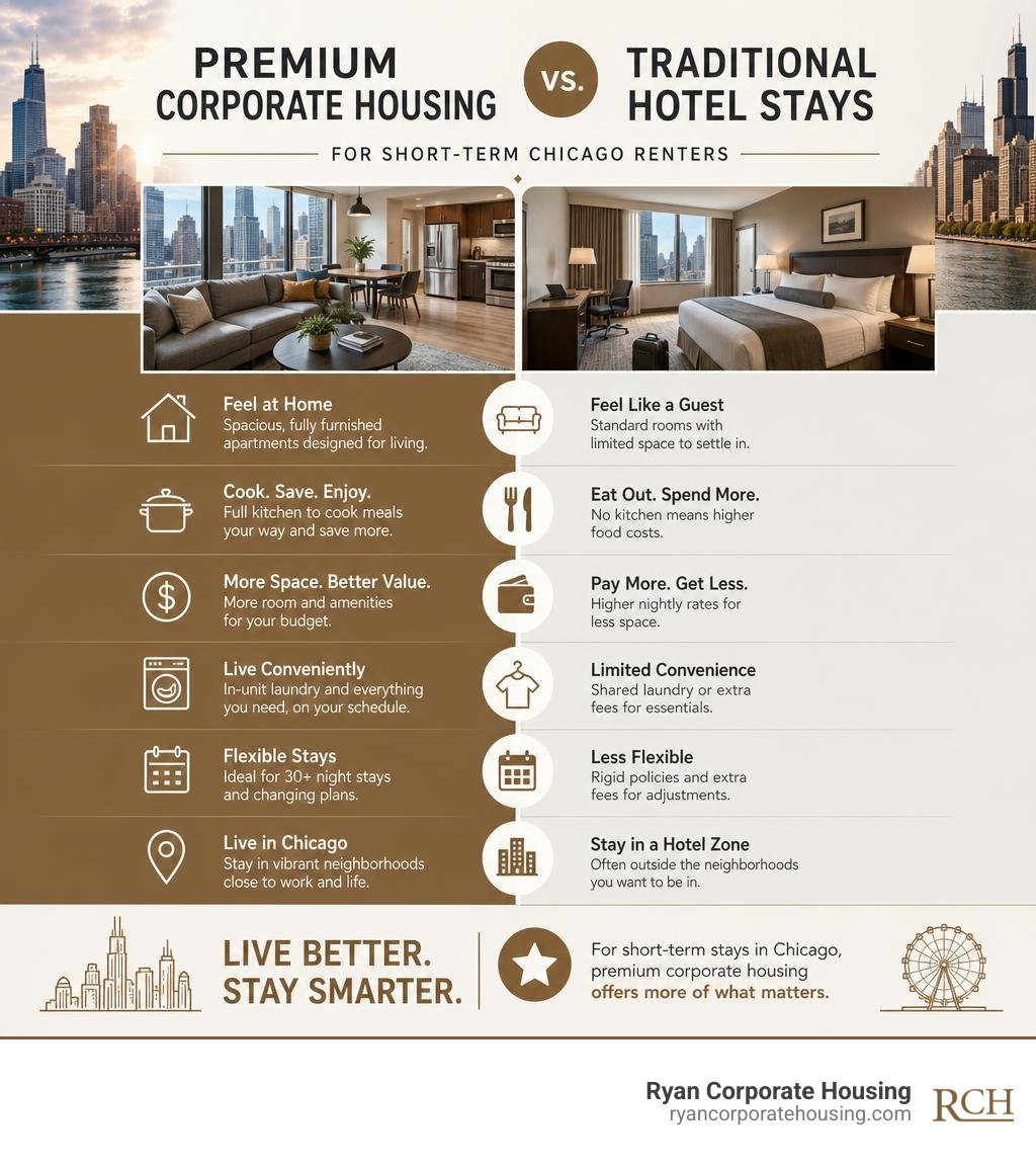 Infographic comparing premium corporate housing vs traditional hotel stays for short-term Chicago renters infographic Infographic comparing premium corporate housing vs traditional hotel stays for short-term Chicago renters infographic