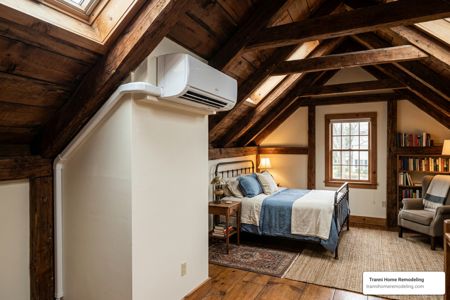 Mini split unit installed in a historic home attic conversion with vaulted ceilings and exposed wood beams Mini split unit installed in a historic home attic conversion with vaulted ceilings and exposed wood beams