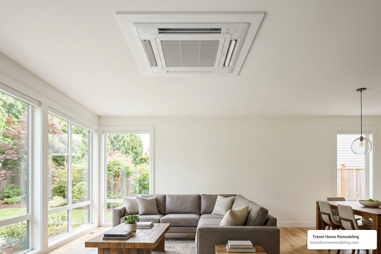 Recessed ceiling cassette mini split unit installed flush in a modern home ceiling Recessed ceiling cassette mini split unit installed flush in a modern home ceiling