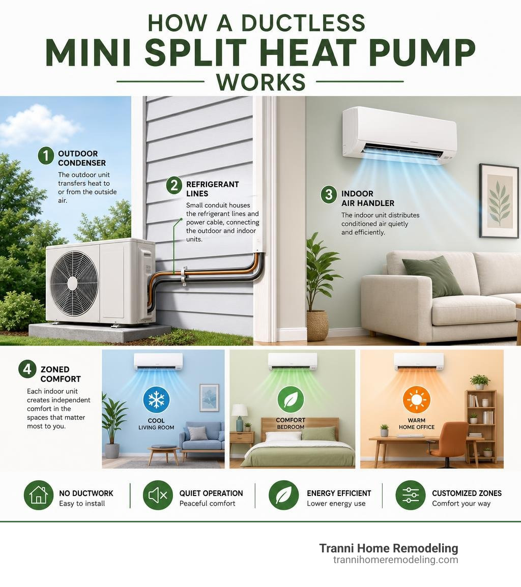 How a ductless mini split heat pump works: outdoor condenser, refrigerant lines, indoor air handler, zoned comfort How a ductless mini split heat pump works: outdoor condenser, refrigerant lines, indoor air handler, zoned comfort