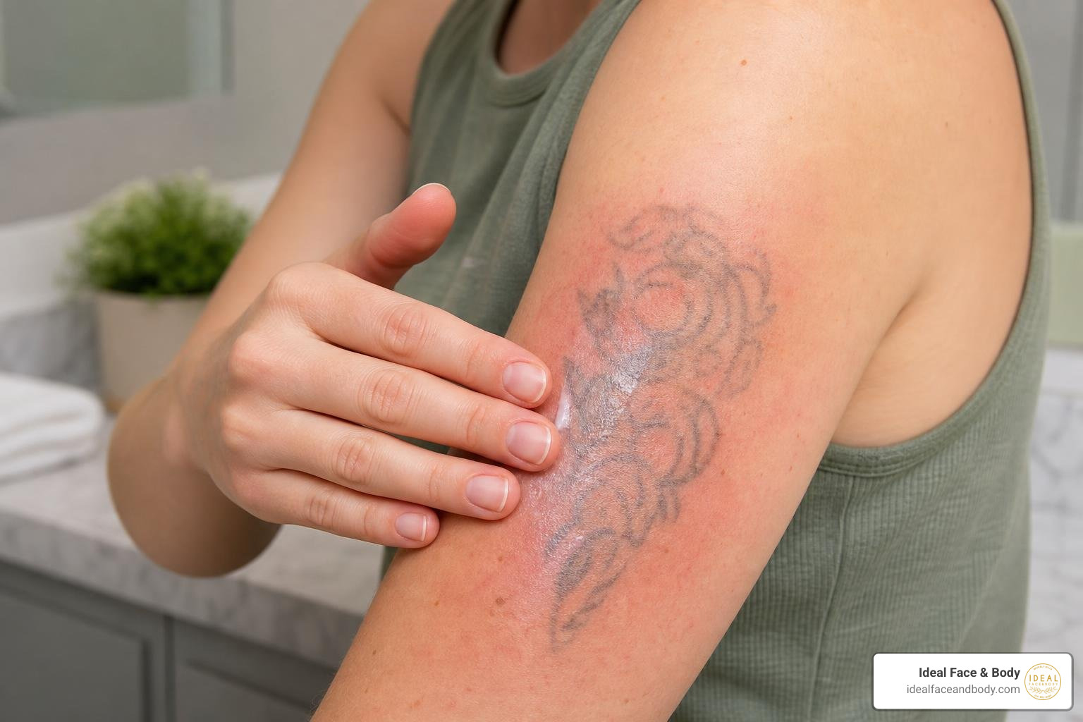 Post-treatment skin care application after a laser tattoo removal session Post-treatment skin care application after a laser tattoo removal session