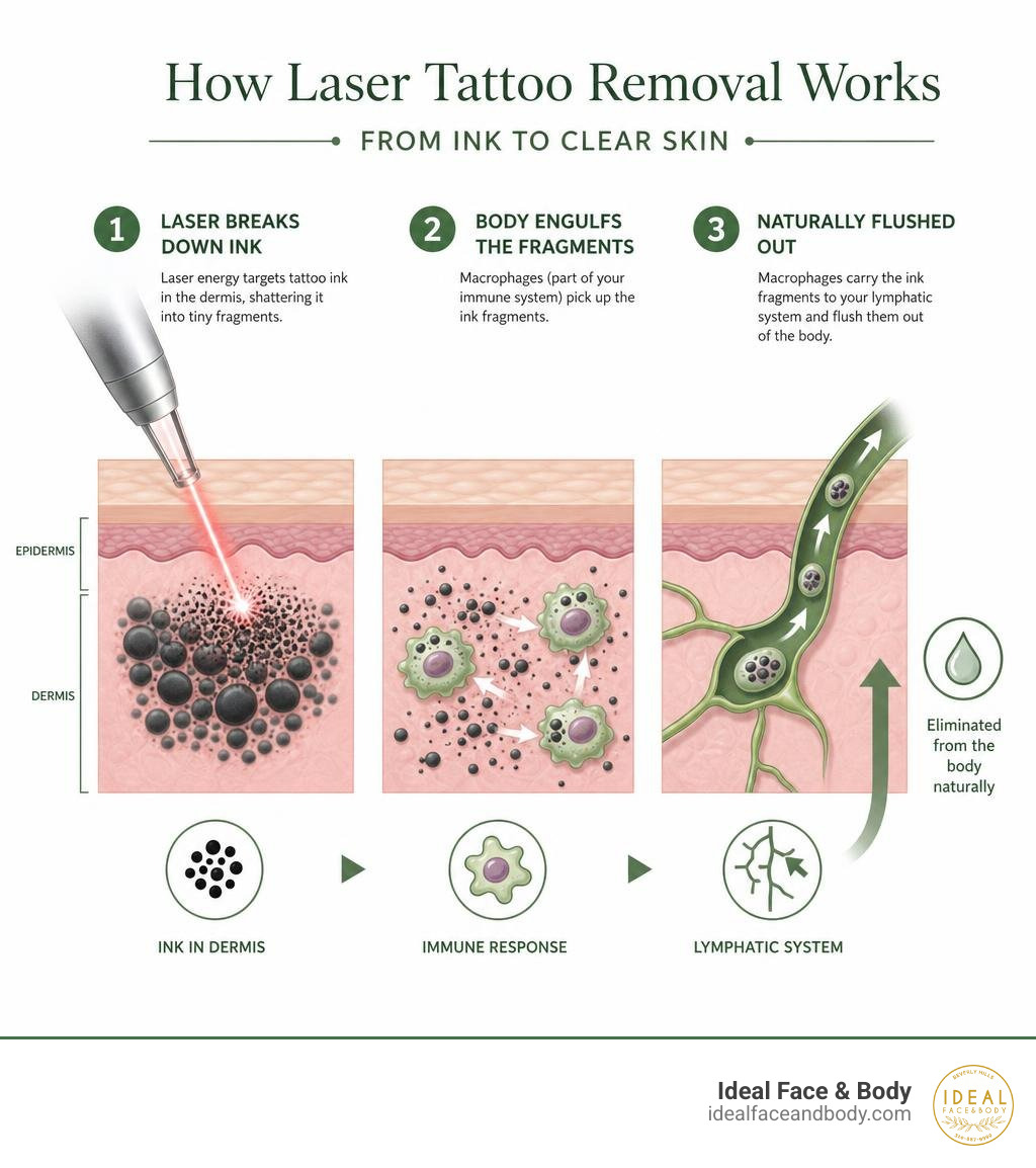 Infographic showing how laser light shatters tattoo ink particles in the dermis and how the body flushes them out infographic Infographic showing how laser light shatters tattoo ink particles in the dermis and how the body flushes them out infographic