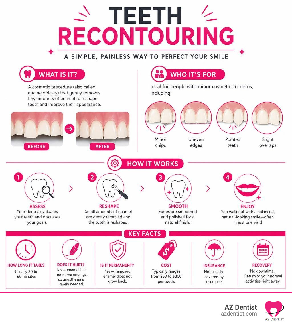 Infographic explaining what teeth recontouring is, who it's for, the steps involved, and key facts infographic