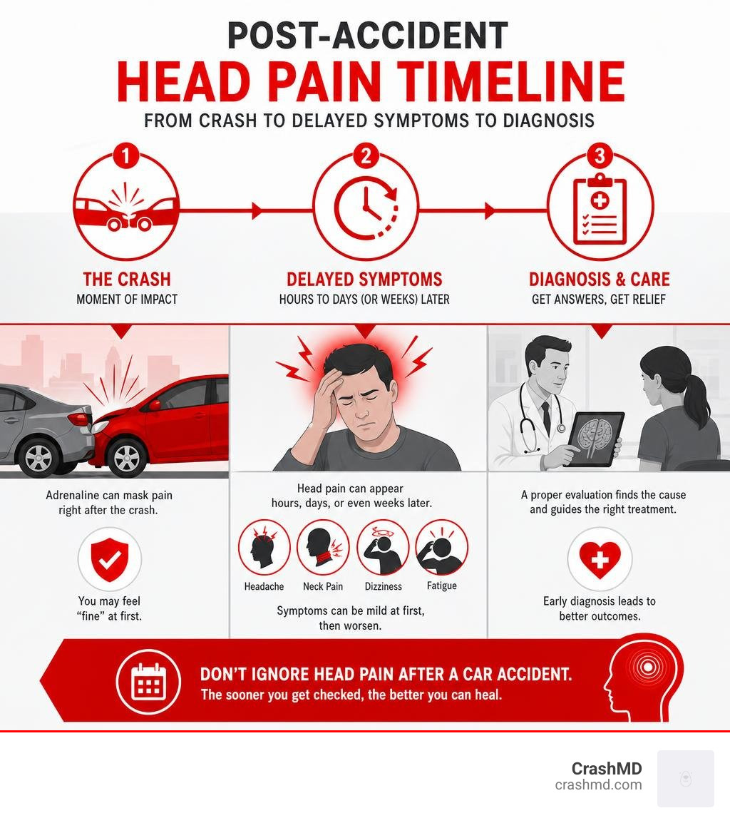 Post-accident head pain timeline from crash to delayed symptoms to diagnosis infographic Post-accident head pain timeline from crash to delayed symptoms to diagnosis infographic