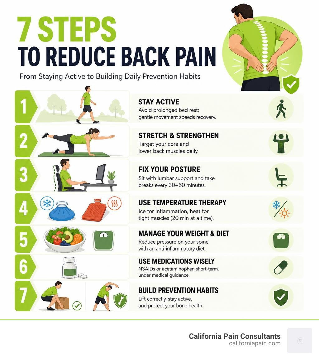 7 steps infographic showing how to reduce back pain from staying active to building daily prevention habits infographic