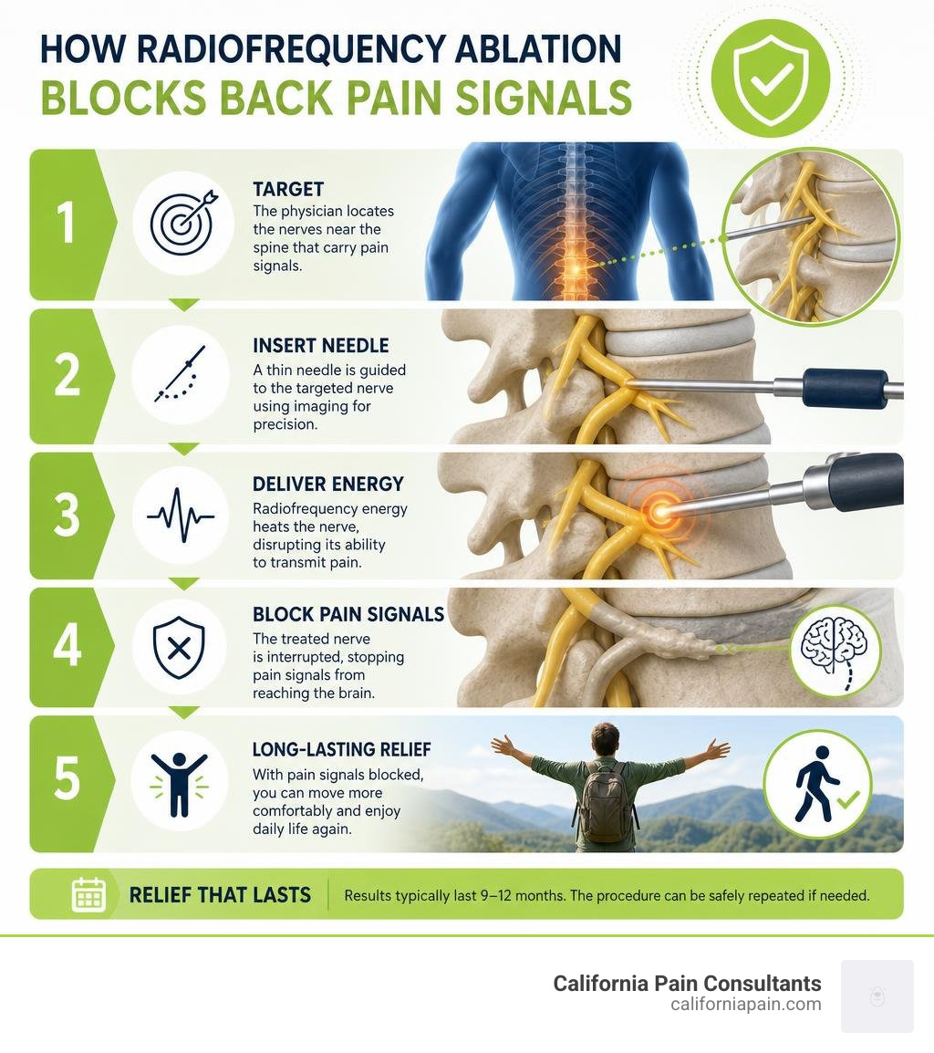 Infographic showing how radiofrequency ablation blocks back pain signals step by step infographic