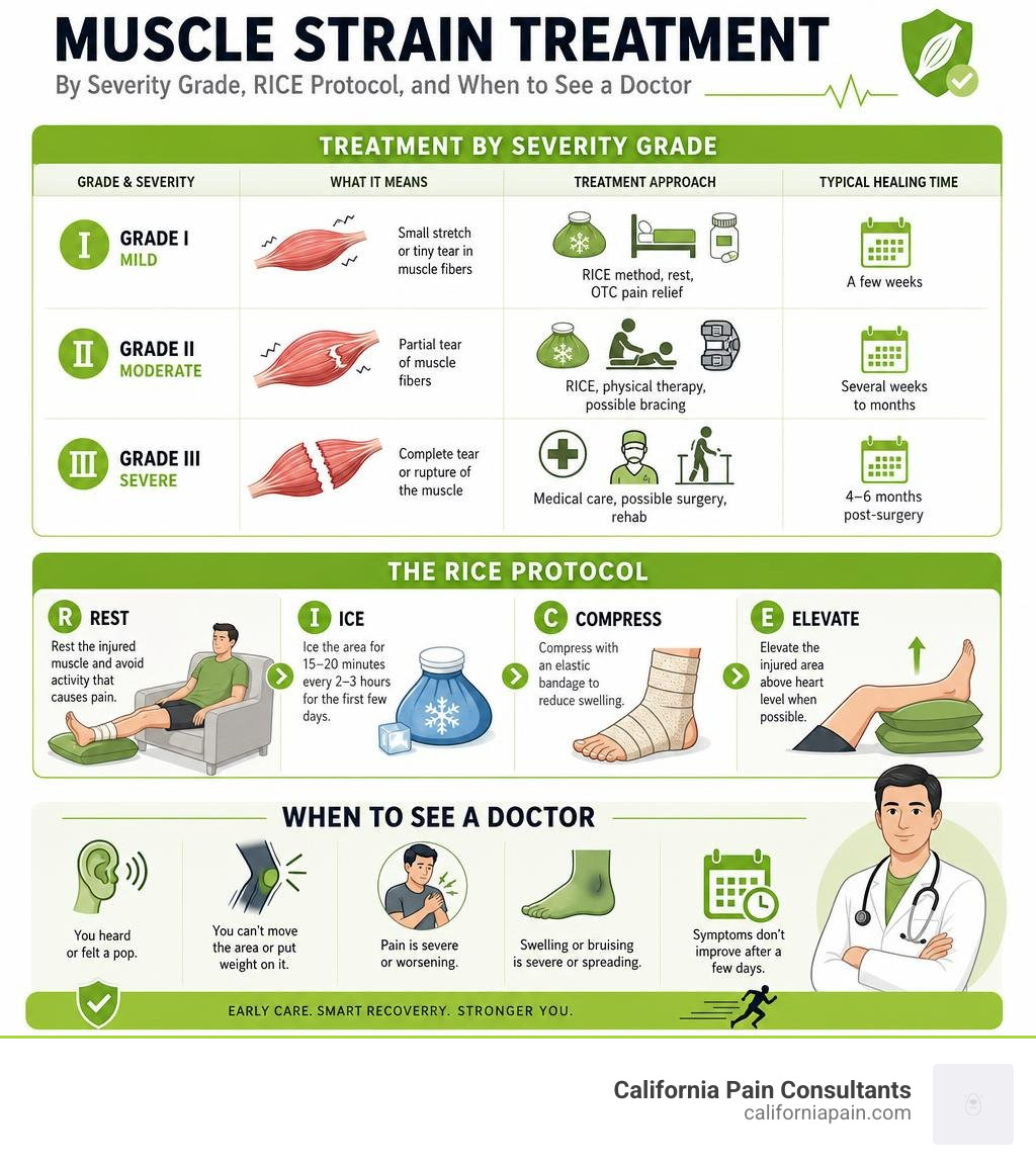 Infographic showing muscle strain treatment steps by severity grade, RICE protocol, and when to see a doctor infographic