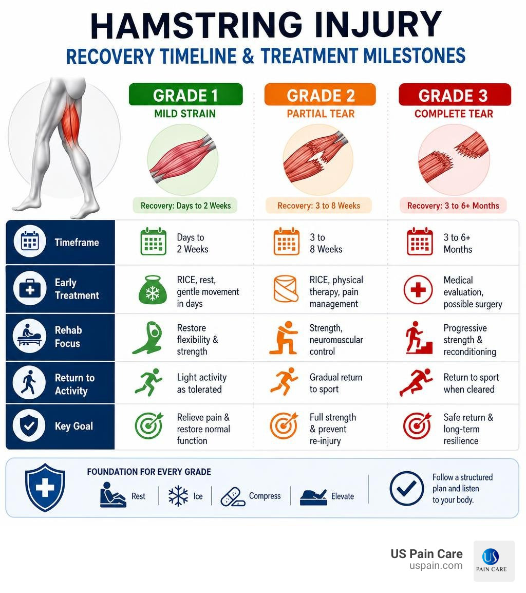 Hamstring injury recovery timeline from Grade 1 to Grade 3 with treatment milestones infographic
