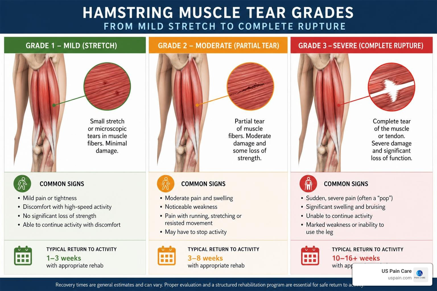 Visual diagram of the three hamstring muscle grades from mild stretch to complete rupture