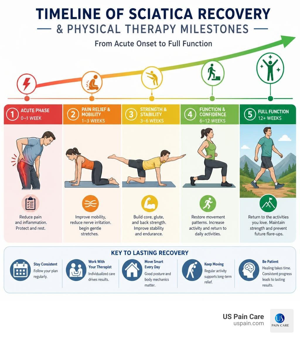 Timeline of sciatica recovery and physical therapy milestones from acute onset to full function infographic