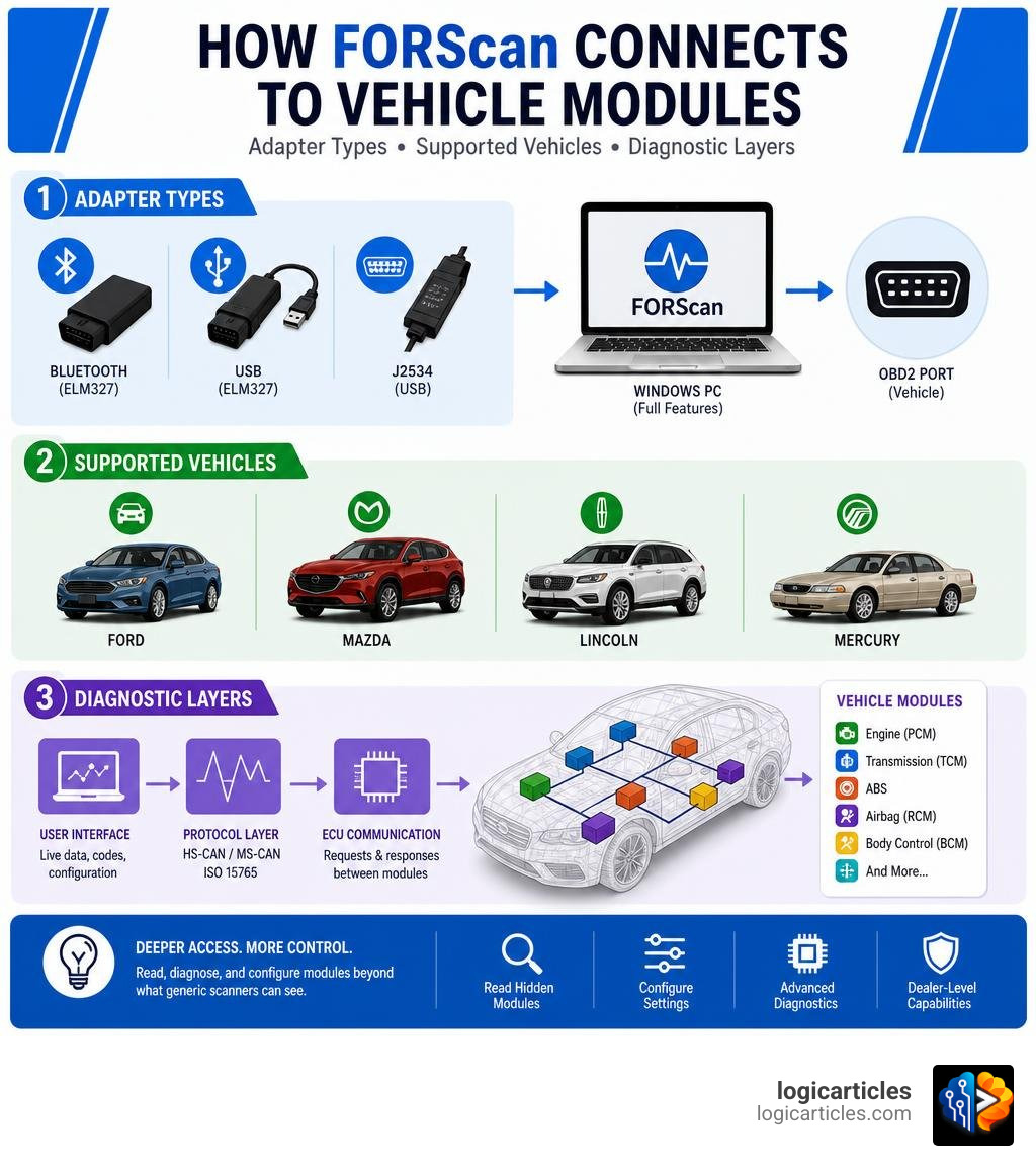 Infographic: How FORScan connects to vehicle modules — adapter types, supported vehicles, and diagnostic layers infographic Infographic: How FORScan connects to vehicle modules — adapter types, supported vehicles, and diagnostic layers infographic