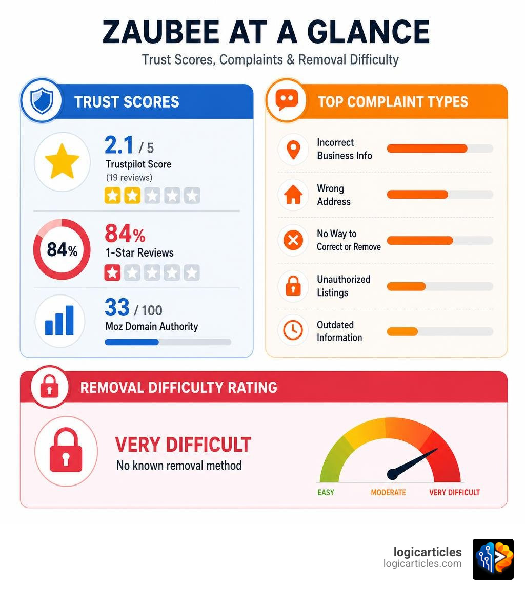 Infographic showing Zaubee trust scores, complaint types, and removal difficulty rating infographic Infographic showing Zaubee trust scores, complaint types, and removal difficulty rating infographic