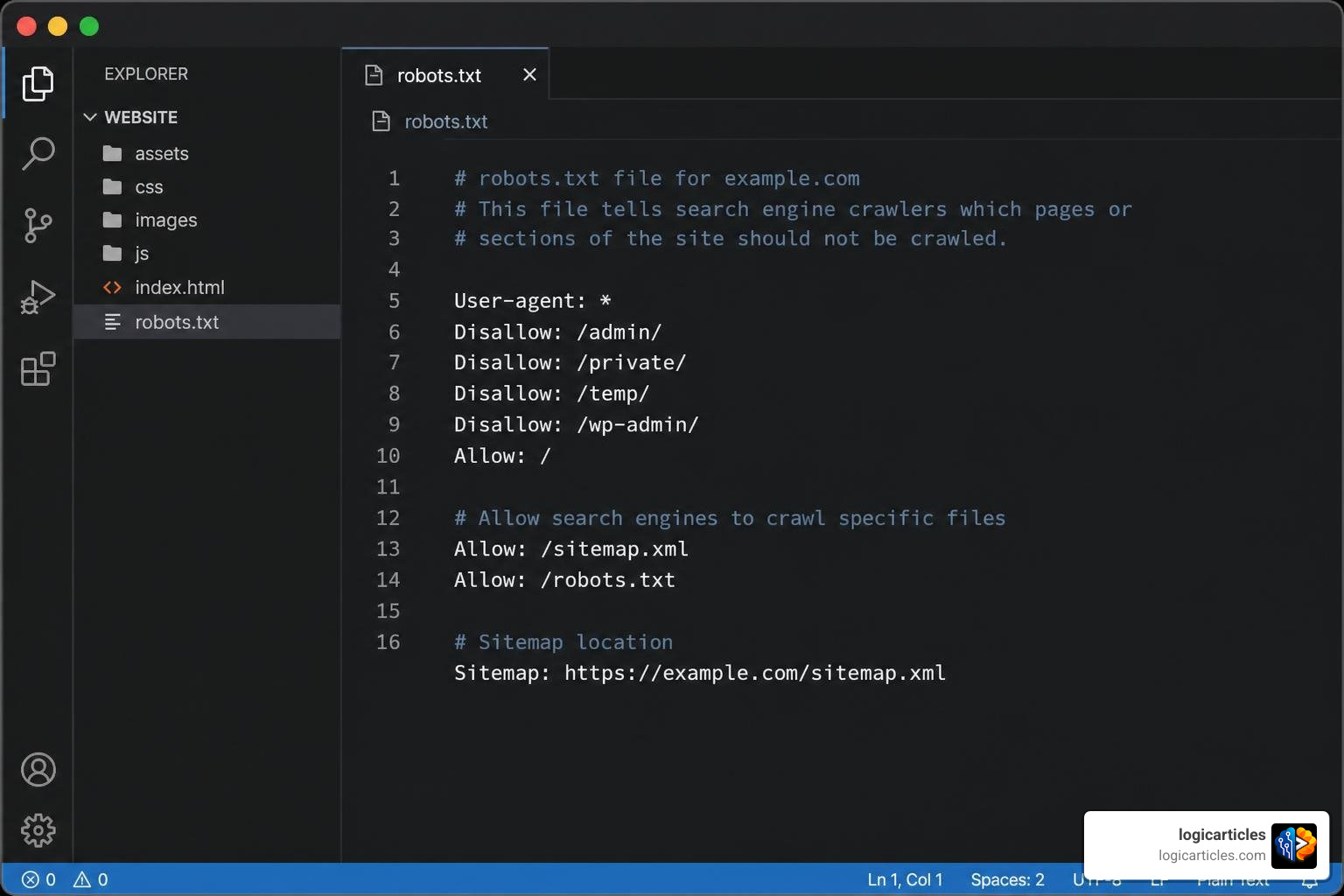 A clean and structured robots.txt file layout with clear crawl directives