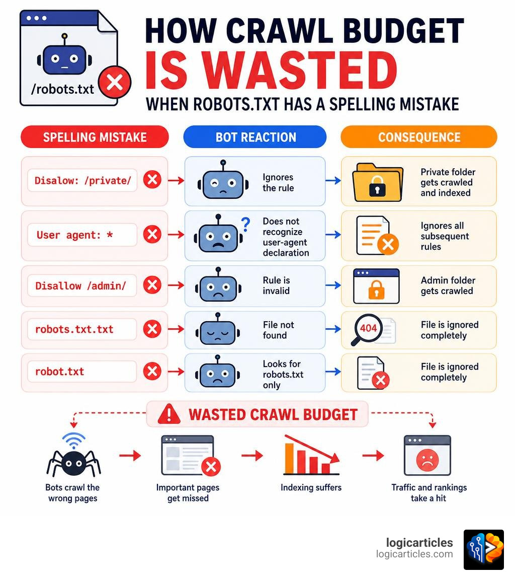 Infographic detailing how crawl budget is wasted when robots.txt contains a spelling mistake infographic