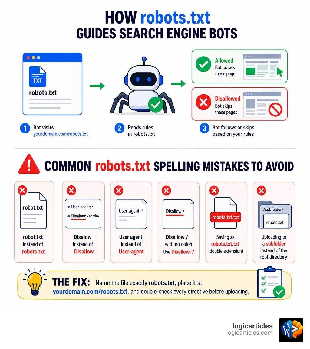 Infographic showing how robots.txt guides search engine bots and common spelling mistakes to avoid infographic