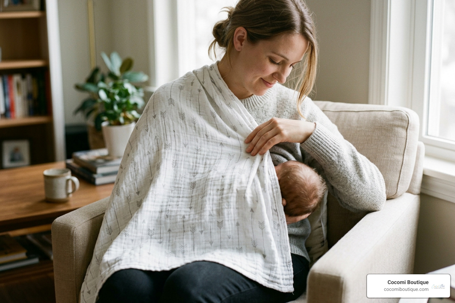 a mother using a muslin blanket as a nursing cover
