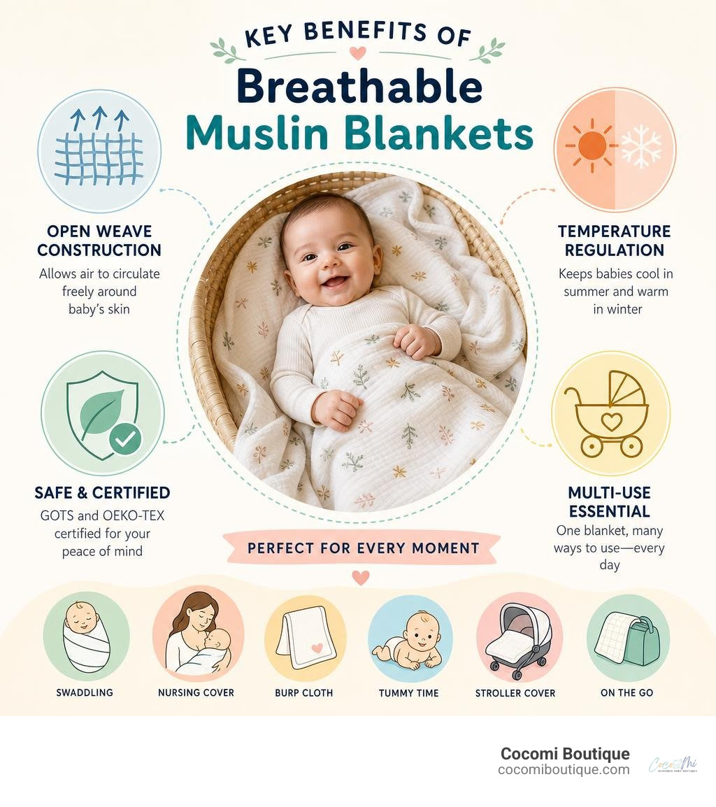 Key benefits of breathable muslin blankets infographic showing open weave, temperature regulation, certifications, and