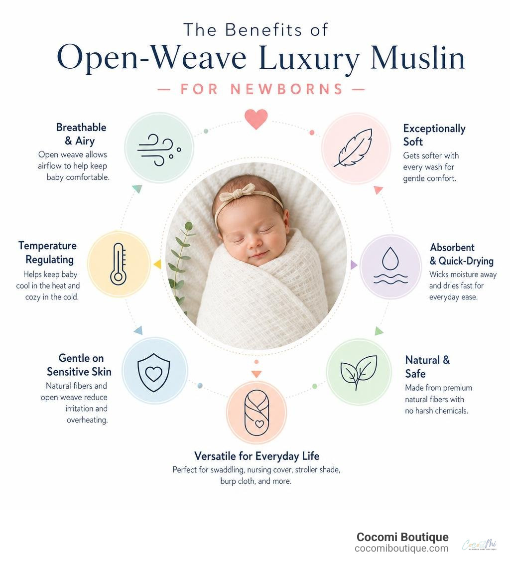 Infographic showing key benefits of open-weave luxury muslin fabric for newborns infographic Infographic showing key benefits of open-weave luxury muslin fabric for newborns infographic