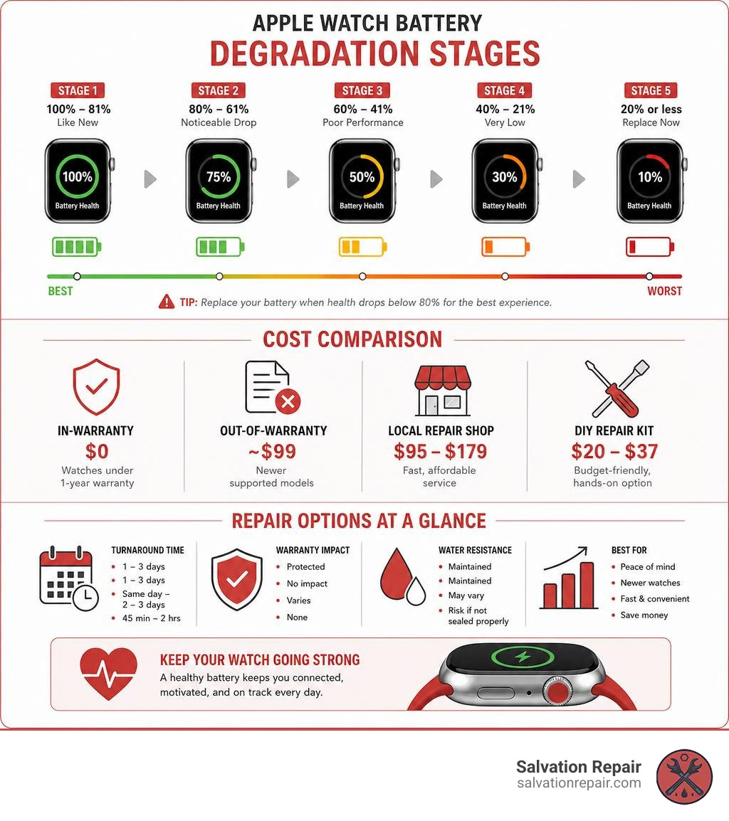 Apple Watch battery degradation stages, cost comparison, and repair options infographic infographic Apple Watch battery degradation stages, cost comparison, and repair options infographic infographic