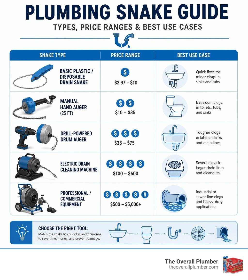Infographic showing plumbing snake types, price ranges, and best use cases for each infographic Infographic showing plumbing snake types, price ranges, and best use cases for each infographic