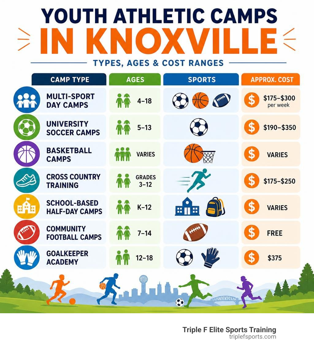 Infographic showing types of youth athletic camps in Knoxville with ages, sports, and cost ranges infographic Infographic showing types of youth athletic camps in Knoxville with ages, sports, and cost ranges infographic