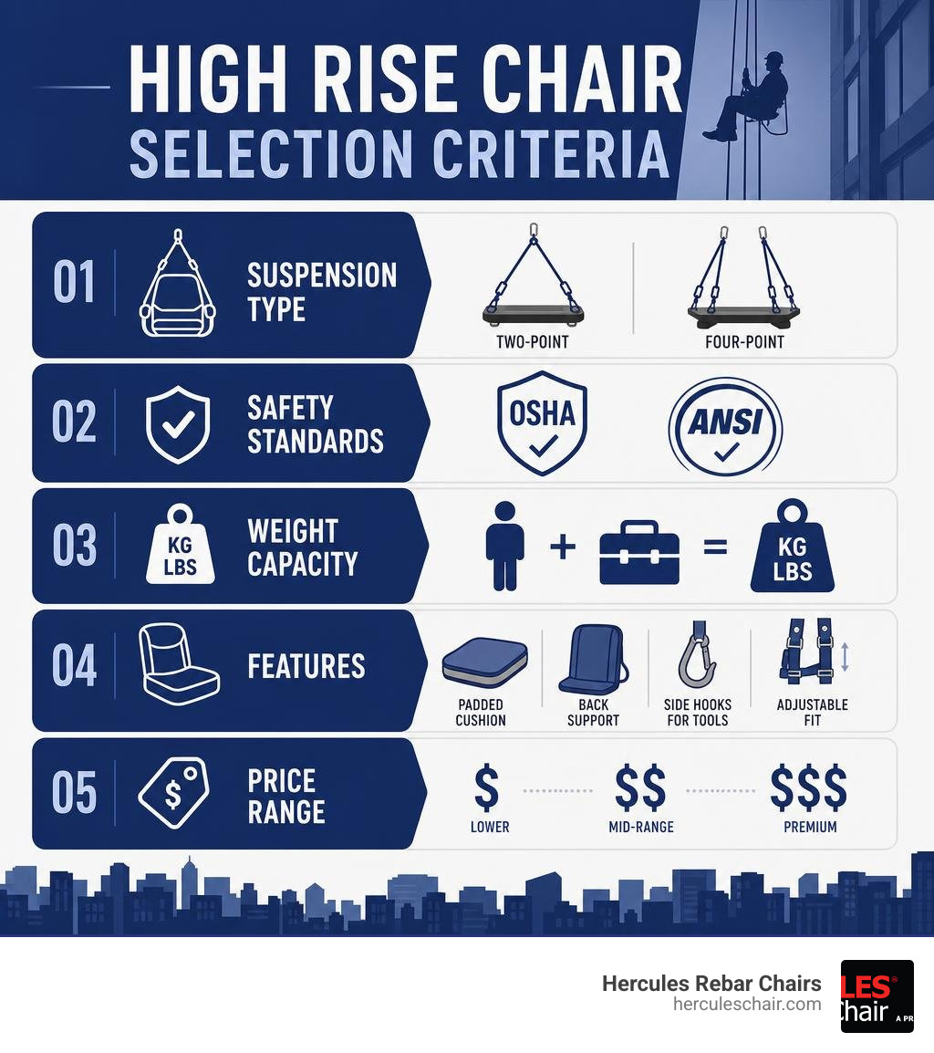 High rise chair selection criteria infographic: suspension type, safety standards, weight capacity, features, price range