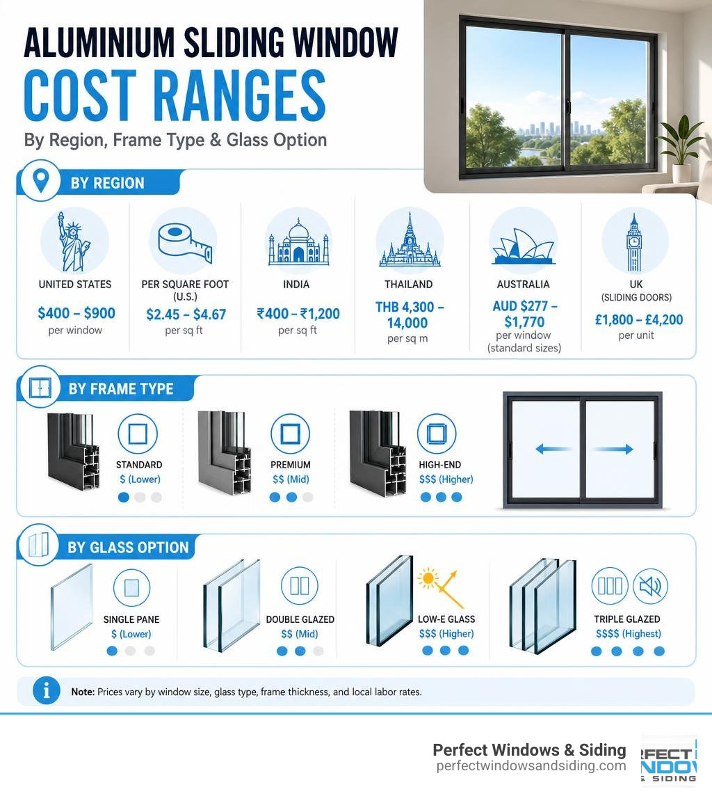 Infographic showing aluminium sliding window cost ranges by region, frame type, and glass option infographic