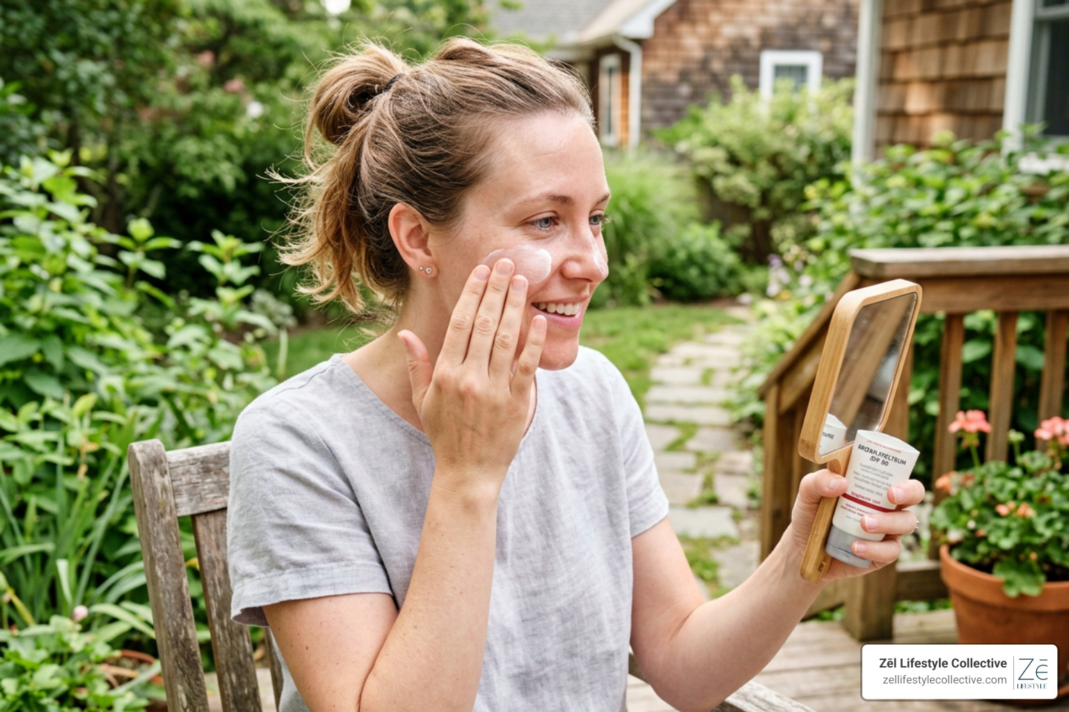 A woman applying broad-spectrum sunscreen to her face to protect her skin post-treatment A woman applying broad-spectrum sunscreen to her face to protect her skin post-treatment