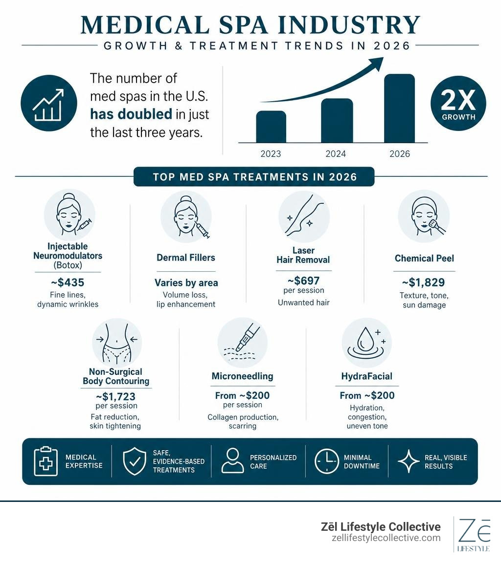 Infographic showing growth of medical spa industry, top treatments, and average costs in 2026 infographic Infographic showing growth of medical spa industry, top treatments, and average costs in 2026 infographic