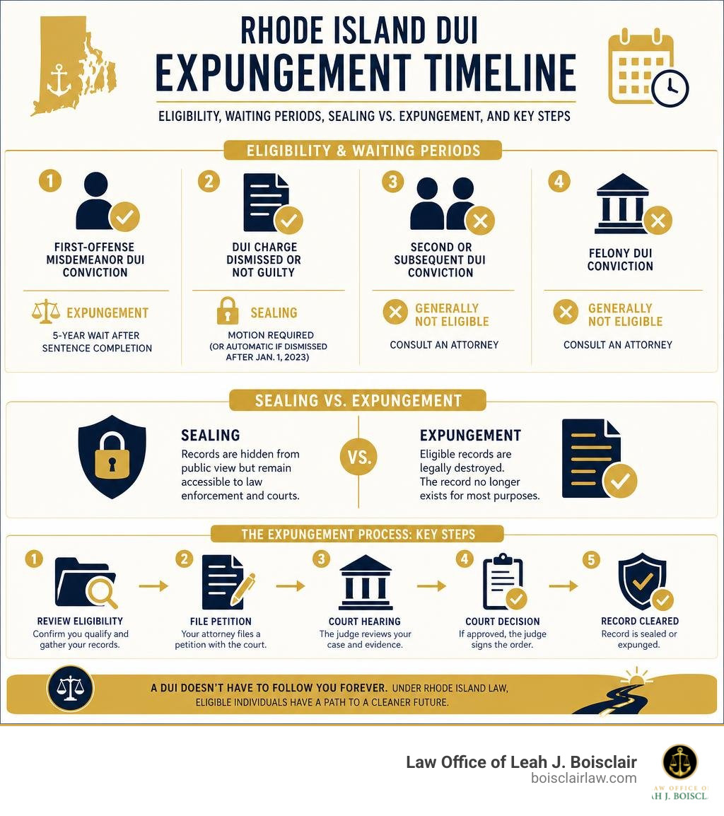 Rhode Island DUI expungement timeline: eligibility, waiting periods, sealing vs. expungement, and key steps infographic