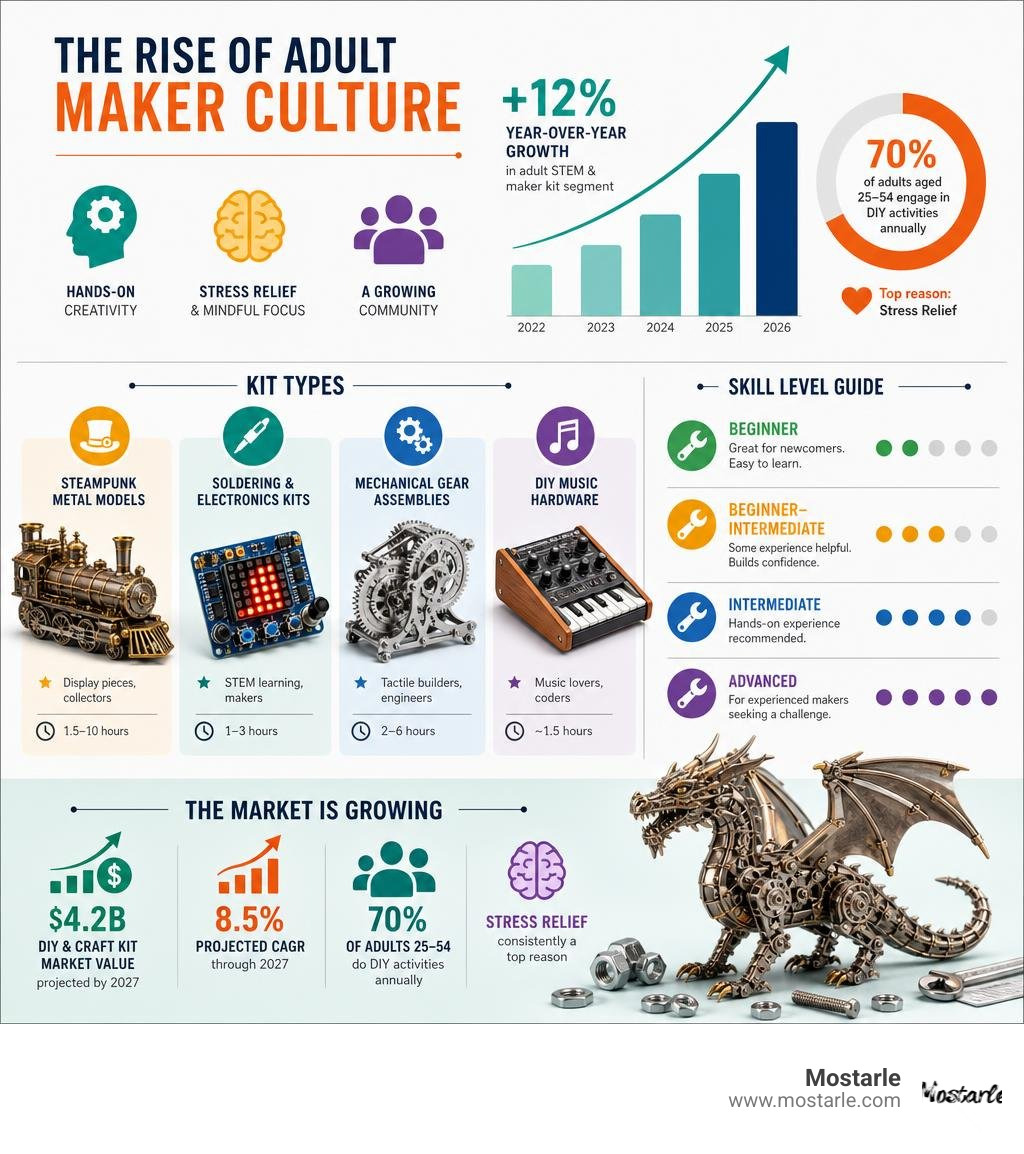Infographic showing rise of adult maker culture, kit types, skill levels, and market growth stats infographic
