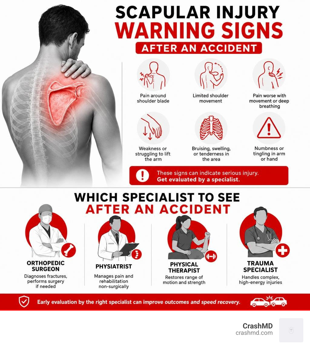 Infographic showing scapular injury warning signs and which specialist to see after an accident infographic Infographic showing scapular injury warning signs and which specialist to see after an accident infographic