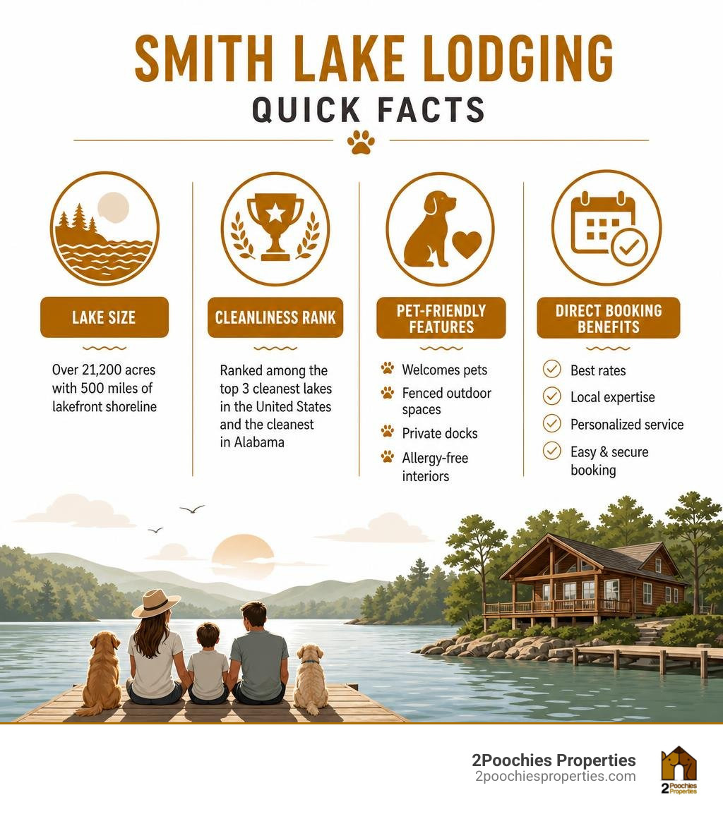 Infographic showing Smith Lake lodging quick facts: lake size, cleanliness rank, pet-friendly features, and direct booking