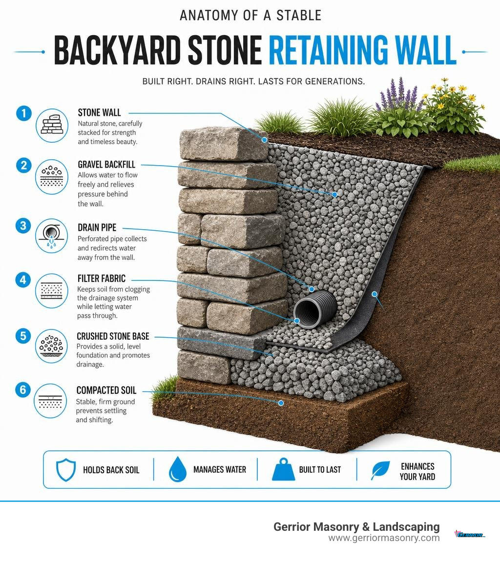 Infographic: anatomy of a stable backyard stone retaining wall with labeled layers infographic