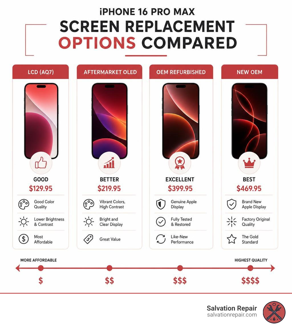 iPhone 16 Pro Max screen replacement options comparison infographic showing LCD, aftermarket OLED, OEM refurbished, and new iPhone 16 Pro Max screen replacement options comparison infographic showing LCD, aftermarket OLED, OEM refurbished, and new