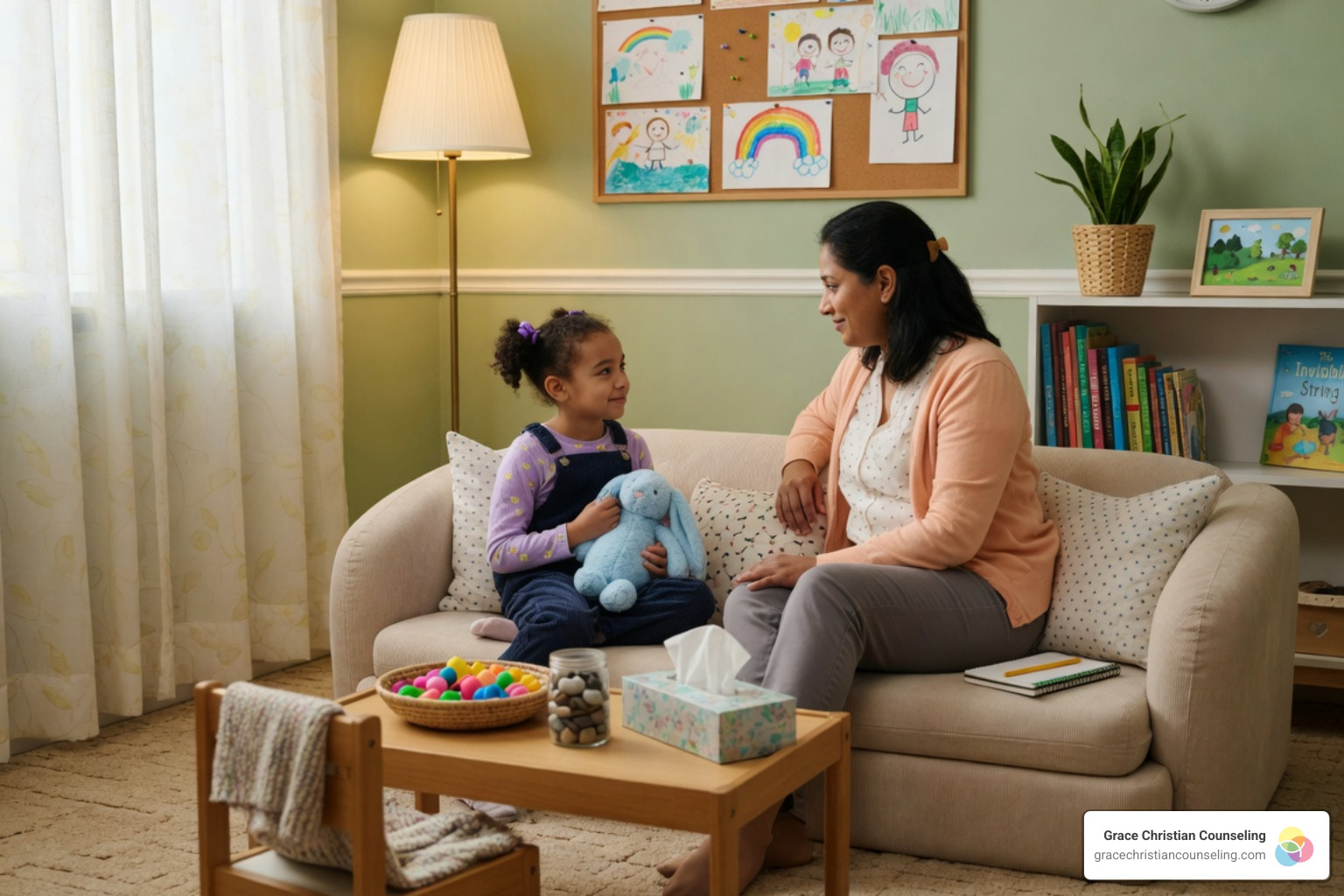 A child feeling safe and supported in a counseling setting - Christ-centered child therapy Bethel Park
