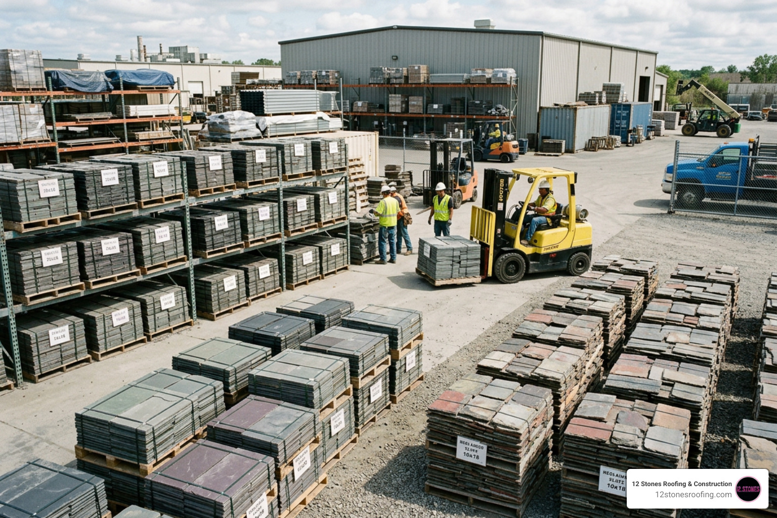 Local roofing material yard stocking natural and reclaimed slate tiles