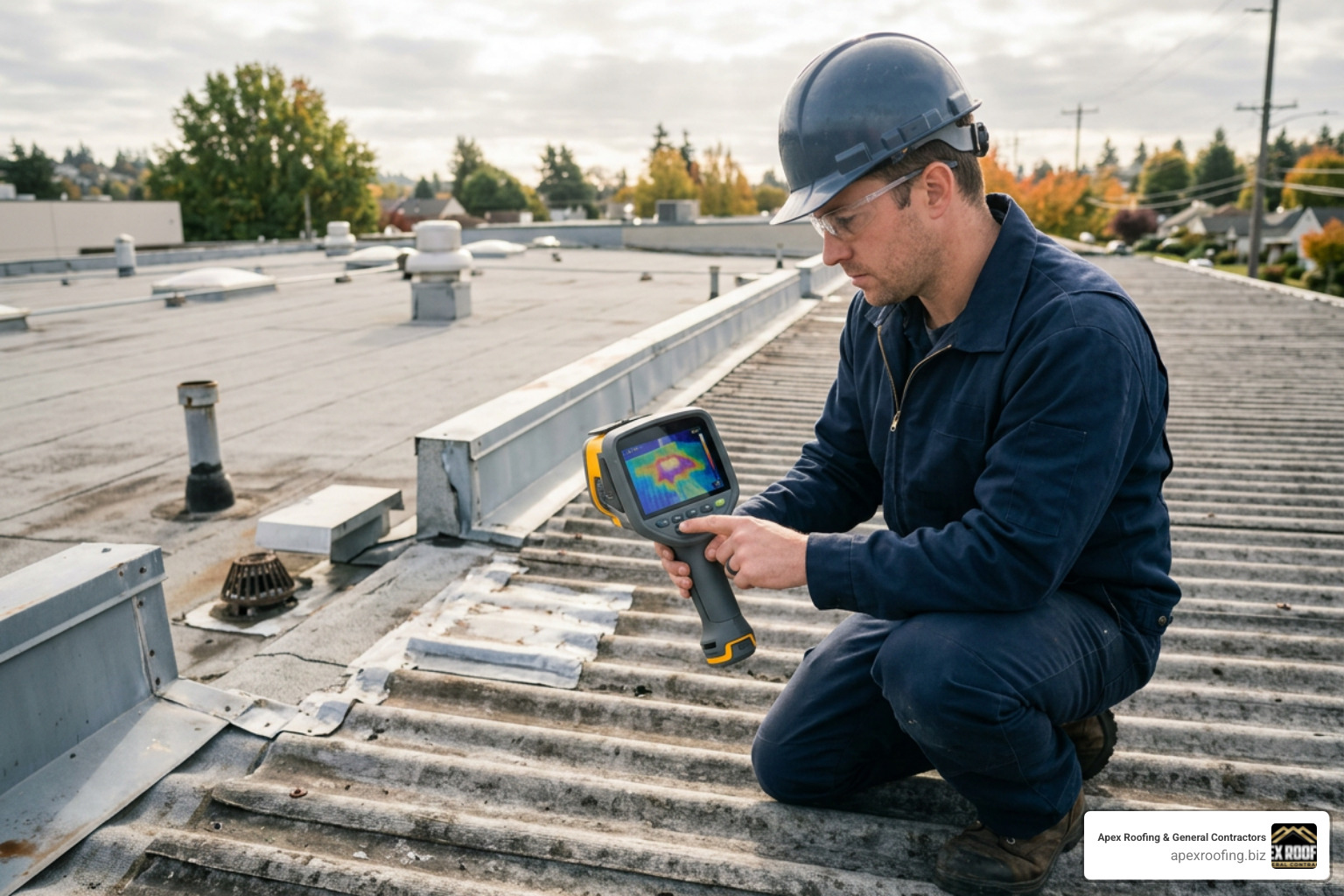 technician using an infrared camera to detect roof moisture